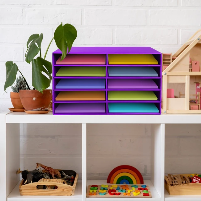 Alt view image 7 of 7 - 2 Pcs Construction Paper Storage, 10 Slots, Purple Classroom Mailboxe, Back to School Literature Sorter, Sturdy Cardboard Paper Organizer for Teacher, Student, Office