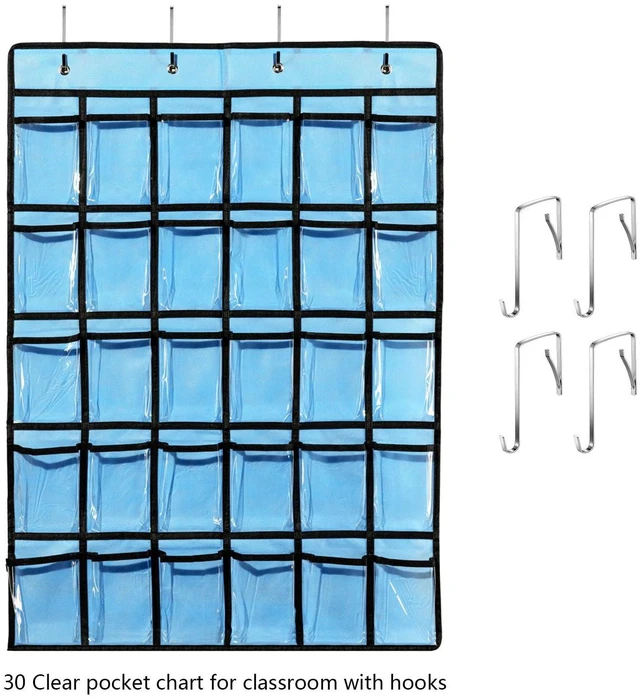 Alt view image 4 of 7 - Classroom Pocket Chart for Cellphone Calculator Holder, 30 Clear Pocket Charts for Classroom 33.5 x 24.5 inch Hanging cell phone Organizer Storage (Blue-30 pockets)