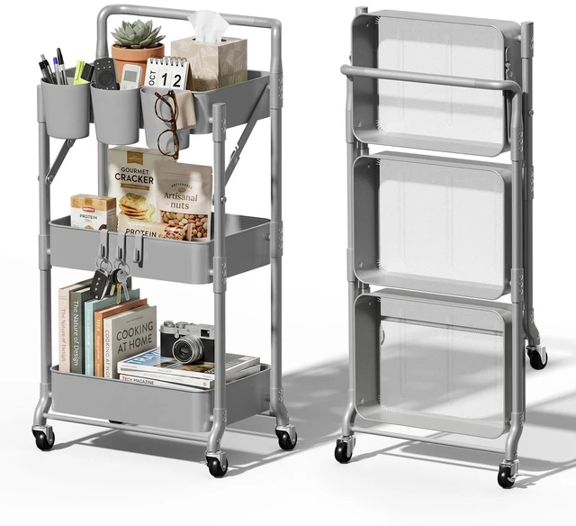 Main image of Foldable 3 Tier Rolling Cart, Metal Utility Cart with Wheels Collapsible Rolling Storage Cart with 3 Hanging Cups, Folding Storage Trolley Organizer Cart for Home Office Kitchen(Grey)