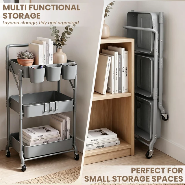 Alt view image 3 of 6 - Foldable 3 Tier Rolling Cart, Metal Utility Cart with Wheels Collapsible Rolling Storage Cart with 3 Hanging Cups, Folding Storage Trolley Organizer Cart for Home Office Kitchen(Grey)