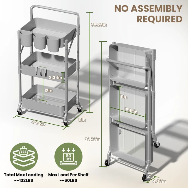 Alt view image 2 of 6 - Foldable 3 Tier Rolling Cart, Metal Utility Cart with Wheels Collapsible Rolling Storage Cart with 3 Hanging Cups, Folding Storage Trolley Organizer Cart for Home Office Kitchen(Grey)