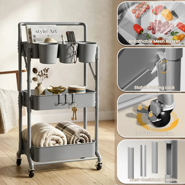 Alt view image 4 of 6 - Foldable 3 Tier Rolling Cart, Metal Utility Cart with Wheels Collapsible Rolling Storage Cart with 3 Hanging Cups, Folding Storage Trolley Organizer Cart for Home Office Kitchen(Grey)