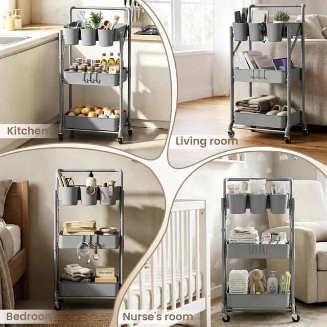 Alt view image 5 of 6 - Foldable 3 Tier Rolling Cart, Metal Utility Cart with Wheels Collapsible Rolling Storage Cart with 3 Hanging Cups, Folding Storage Trolley Organizer Cart for Home Office Kitchen(Grey)