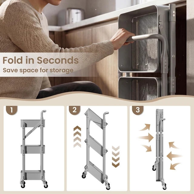 Alt view image 6 of 6 - Foldable 3 Tier Rolling Cart, Metal Utility Cart with Wheels Collapsible Rolling Storage Cart with 3 Hanging Cups, Folding Storage Trolley Organizer Cart for Home Office Kitchen(Grey)