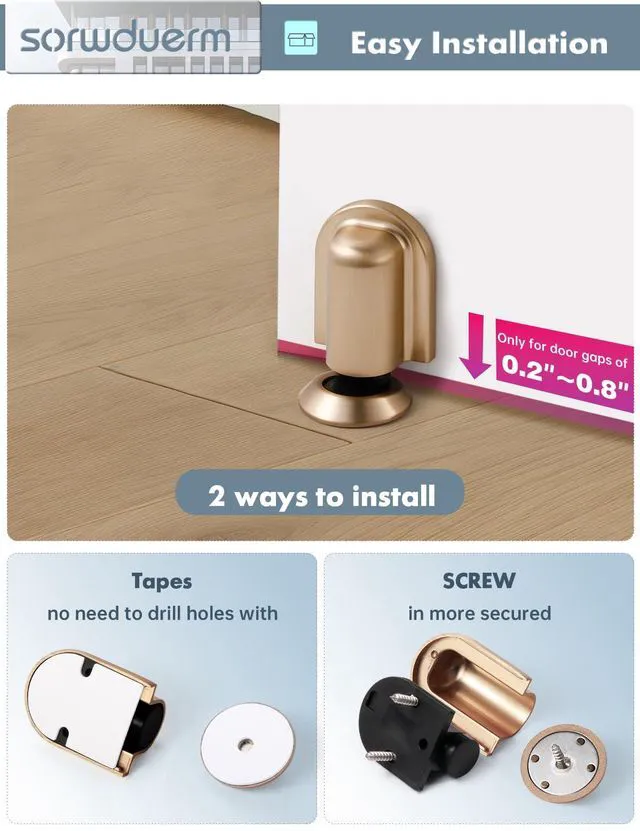 Alt view image 5 of 7 - 2 Pack Champagne Bronze Door Stopper Magnetic Door Cathc Matte Black Floor Mounted Door Stop Keep Door Open with Screws and Adhesive No Drilling