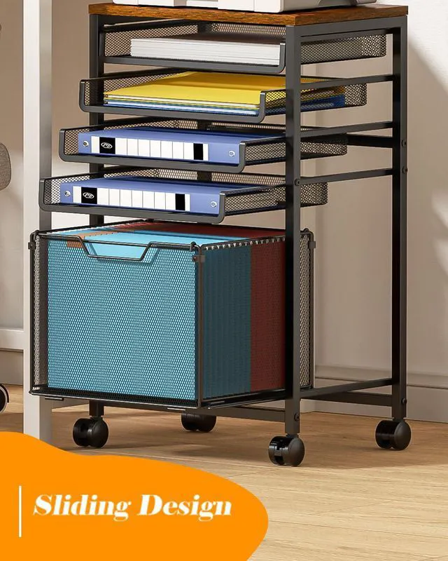 Alt view image 4 of 7 - Compact 5-Tier Rolling File Cart, Under Desk Metal Filing Cabinet Printer stand top, sliding mesh trays for binder, letter size file storage, organizer for teachers and home office
