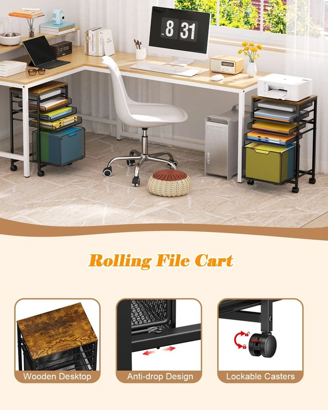 Alt view image 5 of 7 - Compact 5-Tier Rolling File Cart, Under Desk Metal Filing Cabinet Printer stand top, sliding mesh trays for binder, letter size file storage, organizer for teachers and home office