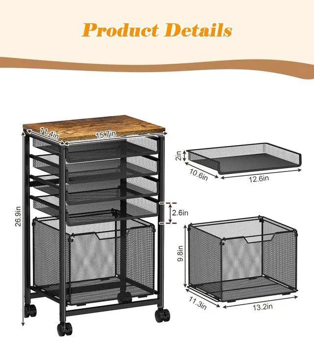 Alt view image 2 of 7 - Compact 5-Tier Rolling File Cart, Under Desk Metal Filing Cabinet Printer stand top, sliding mesh trays for binder, letter size file storage, organizer for teachers and home office