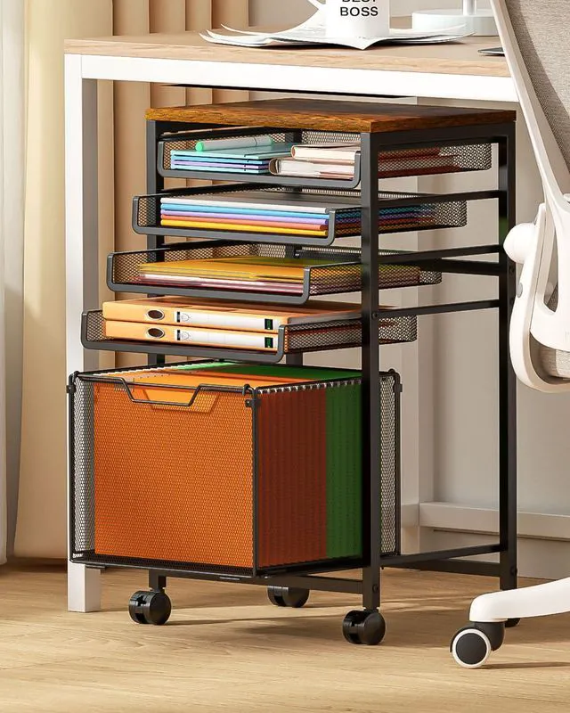 Main image of Compact 5-Tier Rolling File Cart, Under Desk Metal Filing Cabinet Printer stand top, sliding mesh trays for binder, letter size file storage, organizer for teachers and home office