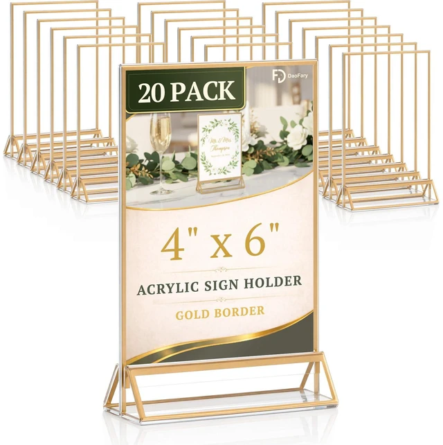 Main image of Acrylic Sign Holder 4x6, 20 Pack Double-Sided Gold Tabletop Frame Double-Sided Gold Acrylic Sign Holder and Table Number Frames for Menus, Flyers, Weddings and Restaurants