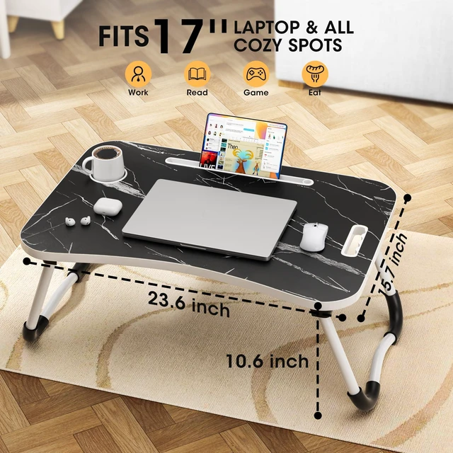 Alt view image 2 of 7 - Folding Lap Desk, 23.6 Inch Wood Laptop Bed Desk with Cup Holder, Portable Bed Table for Working Writing Reading & Eating for Bed, Sofa, Couch, Floor - Dark Black