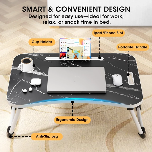 Alt view image 3 of 7 - Folding Lap Desk, 23.6 Inch Wood Laptop Bed Desk with Cup Holder, Portable Bed Table for Working Writing Reading & Eating for Bed, Sofa, Couch, Floor - Dark Black