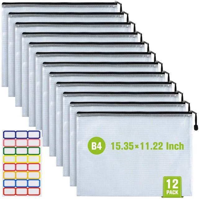 Main image of 12PCS Mesh Zipper Pouch Bags: B4 Clear Zipper Pouches for Classroom, Black 15.35×11.22 Inch Plastic Mesh Bag for Board Game Puzzles Storage, Waterproof Organizing Pouch for School and Office Supplies