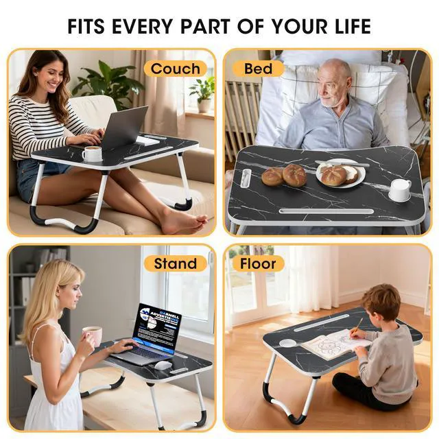 Alt view image 7 of 7 - Folding Lap Desk, 23.6 Inch Wood Laptop Bed Desk with Cup Holder, Portable Bed Table for Working Writing Reading & Eating for Bed, Sofa, Couch, Floor - Dark Black