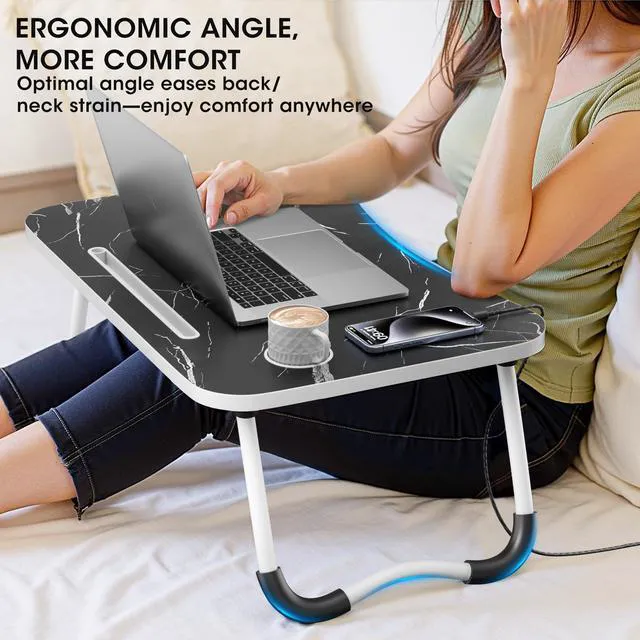 Alt view image 4 of 7 - Folding Lap Desk, 23.6 Inch Wood Laptop Bed Desk with Cup Holder, Portable Bed Table for Working Writing Reading & Eating for Bed, Sofa, Couch, Floor - Dark Black