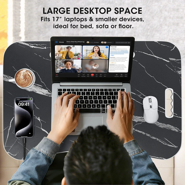 Alt view image 5 of 7 - Folding Lap Desk, 23.6 Inch Wood Laptop Bed Desk with Cup Holder, Portable Bed Table for Working Writing Reading & Eating for Bed, Sofa, Couch, Floor - Dark Black