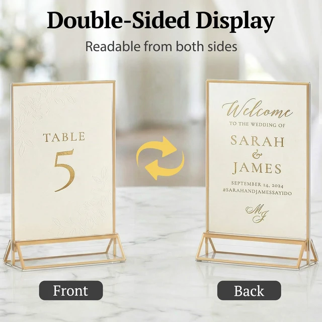 Alt view image 3 of 7 - Acrylic Sign Holder 4x6, 20 Pack Double-Sided Gold Tabletop Frame Double-Sided Gold Acrylic Sign Holder and Table Number Frames for Menus, Flyers, Weddings and Restaurants
