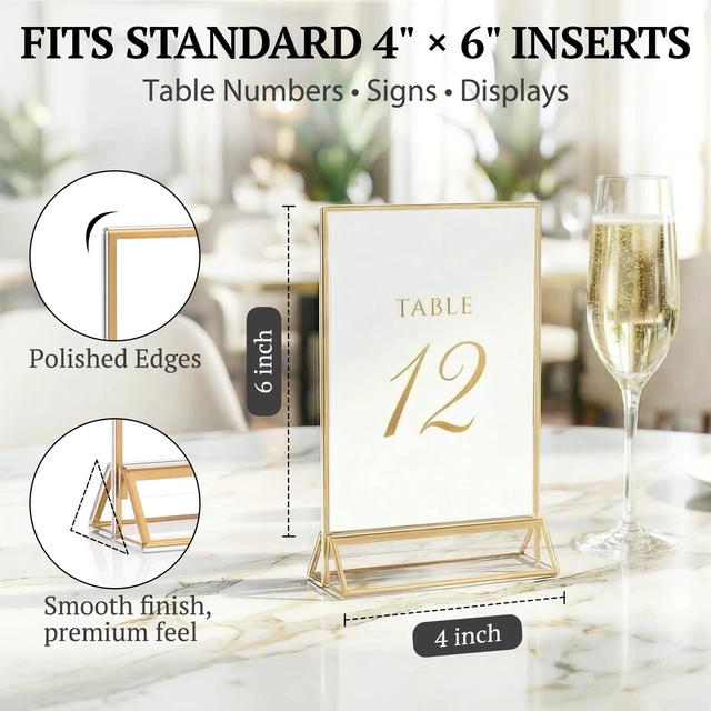 Alt view image 4 of 7 - Acrylic Sign Holder 4x6, 20 Pack Double-Sided Gold Tabletop Frame Double-Sided Gold Acrylic Sign Holder and Table Number Frames for Menus, Flyers, Weddings and Restaurants