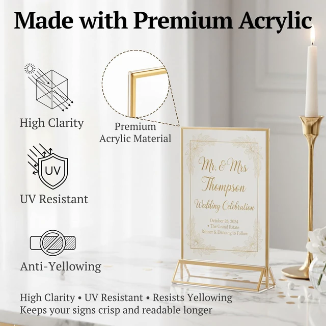 Alt view image 5 of 7 - Acrylic Sign Holder 4x6, 20 Pack Double-Sided Gold Tabletop Frame Double-Sided Gold Acrylic Sign Holder and Table Number Frames for Menus, Flyers, Weddings and Restaurants