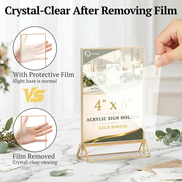 Alt view image 6 of 7 - Acrylic Sign Holder 4x6, 20 Pack Double-Sided Gold Tabletop Frame Double-Sided Gold Acrylic Sign Holder and Table Number Frames for Menus, Flyers, Weddings and Restaurants
