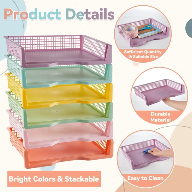 Alt view image 3 of 7 - 12 Pack Plastic Turn in Paper Trays for Classroom Pastel Storage Bin Basket Organizers for School Teacher Supplies Classroom Office Home Organization Storage Tray Holds 4A Paper File Document