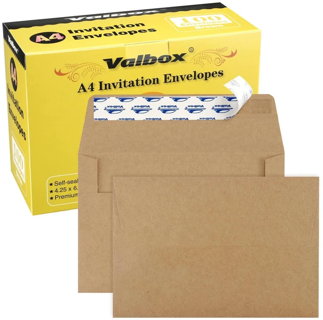 Main image of A4 Photo Envelopes 100 Qty 4 x 6 Brown Kraft Paper Envelopes Self Seal for 4x6 Cards, Photos, Weddings, Invitations, Baby Shower, 4.25 x 6.25 Inches (A4)