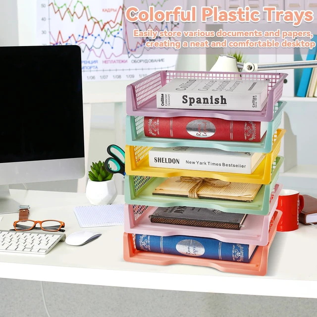 Alt view image 7 of 7 - 12 Pack Plastic Turn in Paper Trays for Classroom Pastel Storage Bin Basket Organizers for School Teacher Supplies Classroom Office Home Organization Storage Tray Holds 4A Paper File Document
