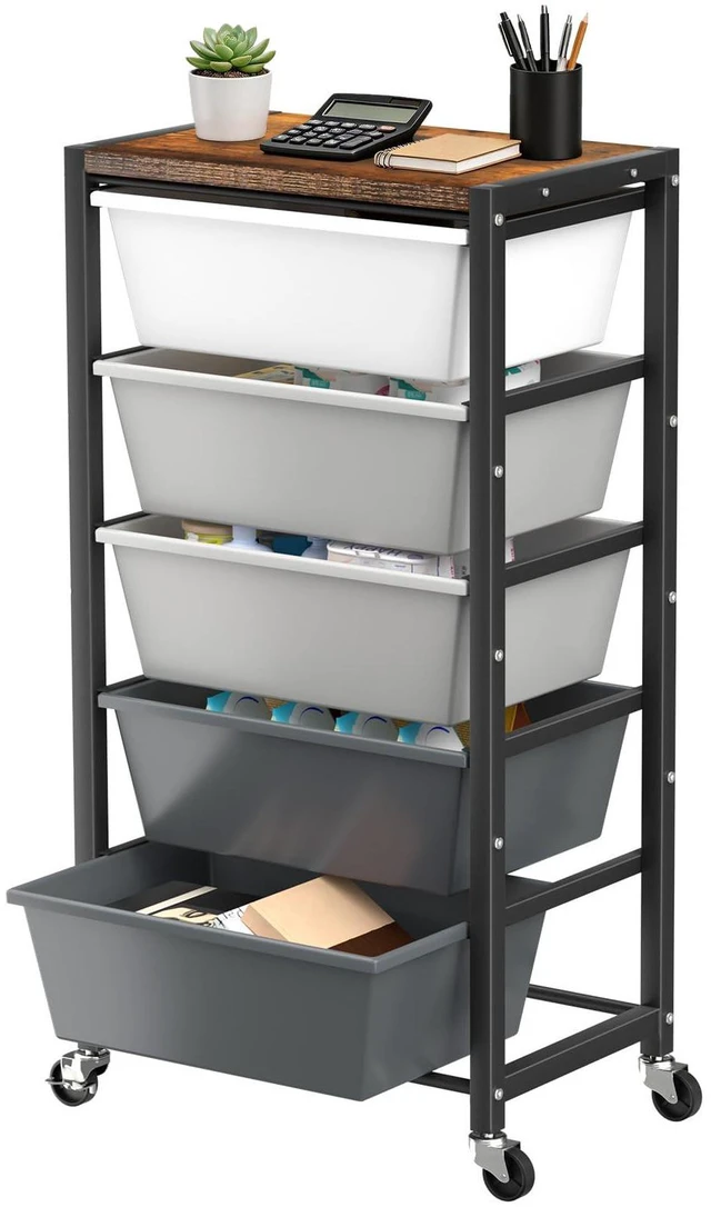Main image of Rolling Cart with 5 Drawers, Plastic Drawer Storage Carts with Wheels & Wooden Tabletop, Metal Utility Cart for Office Bedroom Living Room Classroom, Craft Organization and Storage, Grey