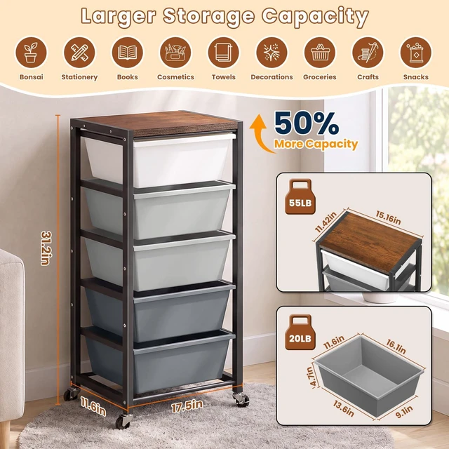 Alt view image 3 of 7 - Rolling Cart with 5 Drawers, Plastic Drawer Storage Carts with Wheels & Wooden Tabletop, Metal Utility Cart for Office Bedroom Living Room Classroom, Craft Organization and Storage, Grey