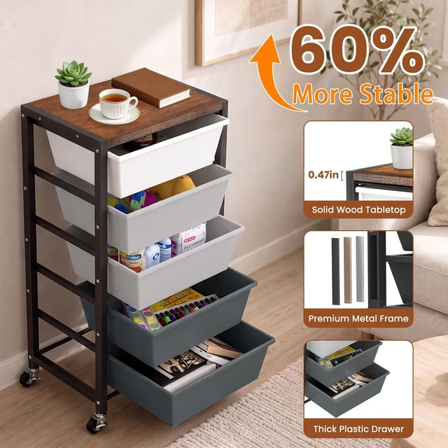 Alt view image 5 of 7 - Rolling Cart with 5 Drawers, Plastic Drawer Storage Carts with Wheels & Wooden Tabletop, Metal Utility Cart for Office Bedroom Living Room Classroom, Craft Organization and Storage, Grey