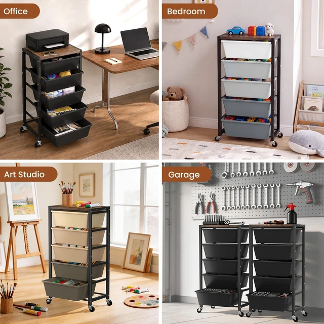 Alt view image 6 of 7 - Rolling Cart with 5 Drawers, Plastic Drawer Storage Carts with Wheels & Wooden Tabletop, Metal Utility Cart for Office Bedroom Living Room Classroom, Craft Organization and Storage, Grey