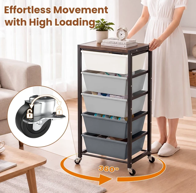 Alt view image 7 of 7 - Rolling Cart with 5 Drawers, Plastic Drawer Storage Carts with Wheels & Wooden Tabletop, Metal Utility Cart for Office Bedroom Living Room Classroom, Craft Organization and Storage, Grey