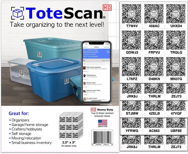 Main image of HD (Heavy Duty) Intelligent QR Labels for Organization/Moving/Storage (45 Unique Labels, 2.5"x3")