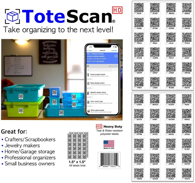 Main image of HD (Heavy Duty, Tough Labels) Intelligent Smart QR Labels for Organization/Moving/Storage (48 Unique Peel & Stick, 1.5"x1.5"). Easily Pack and Track Your Items
