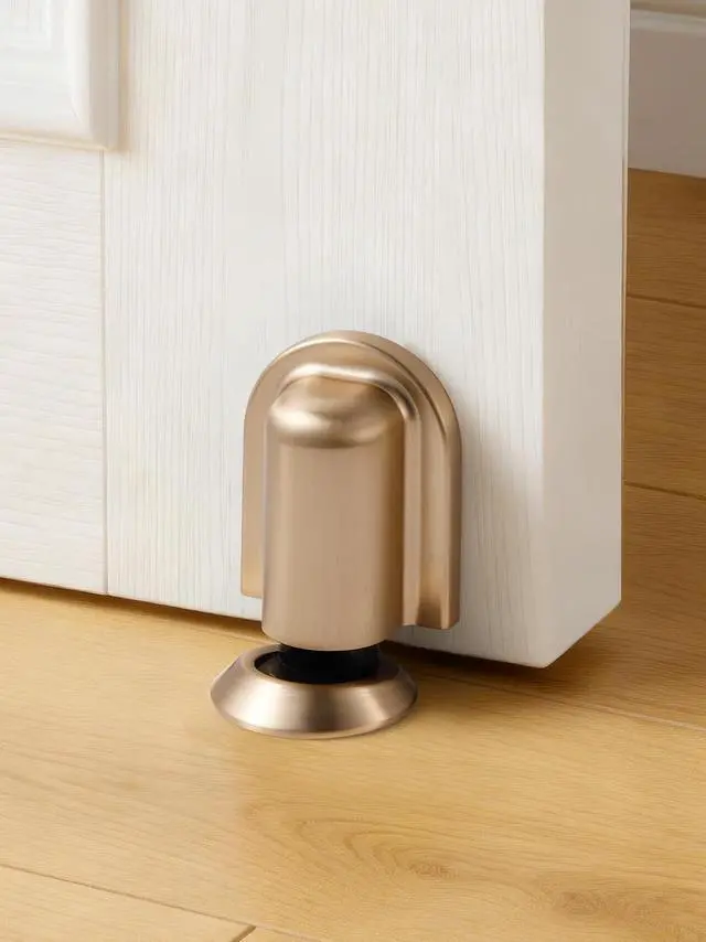 Alt view image 3 of 7 - 2 Pack Champagne Bronze Door Stopper Magnetic Door Cathc Matte Black Floor Mounted Door Stop Keep Door Open with Screws and Adhesive No Drilling