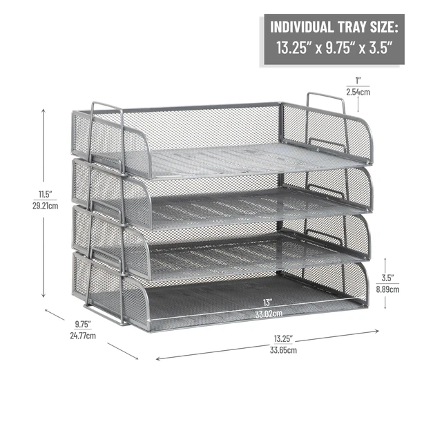 Alt view image 3 of 7 - Stackable Paper Tray, Desktop Organizer, File Storage, Office, Metal Mesh, 4 Pcs., Silver
