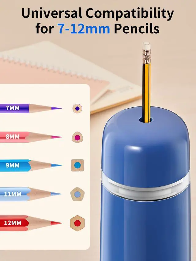 Alt view image 3 of 7 - Automatic Electric Pencil Sharpener, Rechargeable 3 Sharpness Levels, 3s Quick Sharpen, Fits 7-12mm Pencils, Portable Design for Home and Classroom Use, Blue