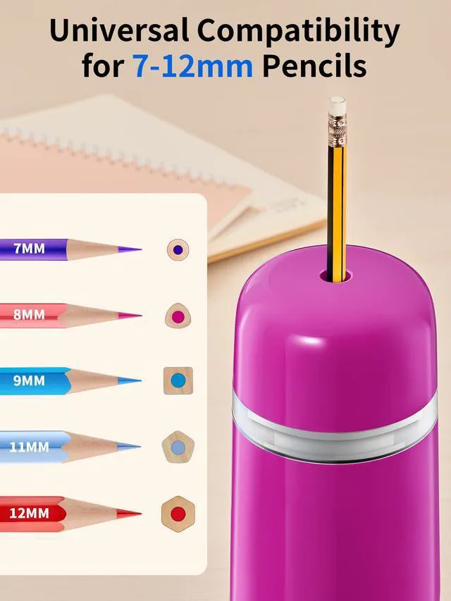 Alt view image 3 of 7 - Automatic Electric Pencil Sharpener, Rechargeable 3 Sharpness Levels, 3s Quick Sharpen, Fits 7-12mm Pencils, Portable Design for Home and Classroom Use, Pink