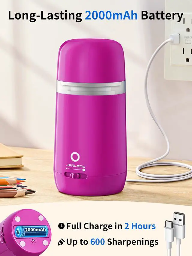 Alt view image 5 of 7 - Automatic Electric Pencil Sharpener, Rechargeable 3 Sharpness Levels, 3s Quick Sharpen, Fits 7-12mm Pencils, Portable Design for Home and Classroom Use, Pink