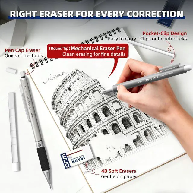 Alt view image 2 of 7 - 0.5 mm Mechanical Pencil Set with Eraser Pen Storage Case, 6 PCS Metal Drafting Pencils, 360 HB Lead Refills, 3x4B Erasers, 12 Eraser Refills for School Artist Writing Drawing Sketching