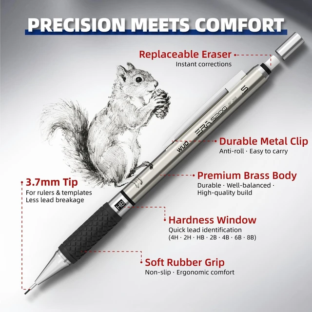 Alt view image 3 of 7 - 0.5 mm Mechanical Pencil Set with Eraser Pen Storage Case, 6 PCS Metal Drafting Pencils, 360 HB Lead Refills, 3x4B Erasers, 12 Eraser Refills for School Artist Writing Drawing Sketching
