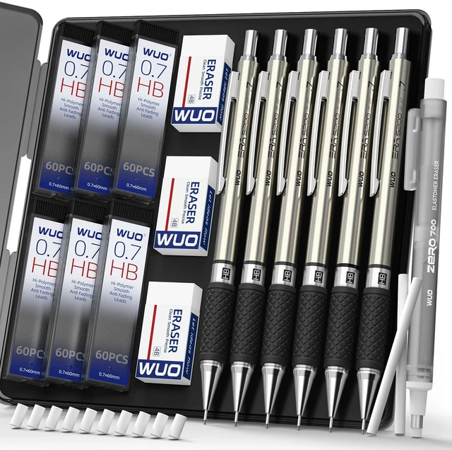 Main image of 0.7 mm Mechanical Pencil Set with Eraser Pen Storage Case, 6 PCS Metal Drafting Pencils, 360 HB Lead Refills, 3x4B Erasers, 12 Eraser Refills for School Artist Writing Drawing Sketching