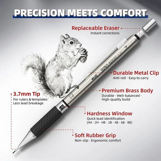 Alt view image 3 of 7 - 0.7 mm Mechanical Pencil Set with Eraser Pen Storage Case, 6 PCS Metal Drafting Pencils, 360 HB Lead Refills, 3x4B Erasers, 12 Eraser Refills for School Artist Writing Drawing Sketching