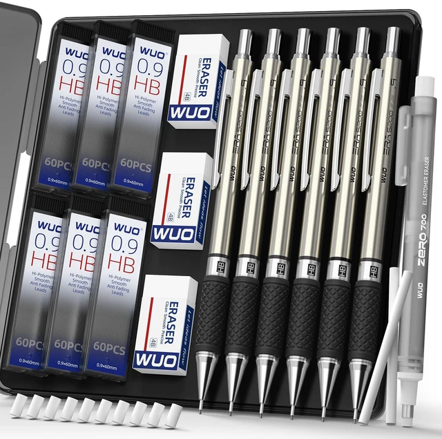 Main image of 0.9 mm Mechanical Pencil Set with Eraser Pen Storage Case, 6 PCS Metal Drafting Pencils, 360 HB Lead Refills, 3x4B Erasers, 12 Eraser Refills for School Artist Writing Drawing Sketching