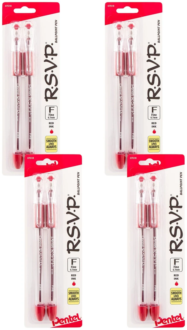 Main image of RSVP Ballpoint Pen, Fine Line, (0.7mm), Red Ink (BK90BP2B), 2 Count (Pack of 4)