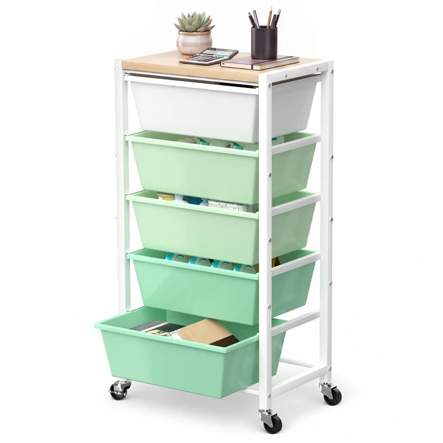 Main image of Rolling Cart with 5 Drawers, Plastic Drawer Storage Carts with Wheels & Wooden Tabletop, Metal Utility Cart for Office Bedroom Living Room Classroom, Craft Organization and Storage, Green