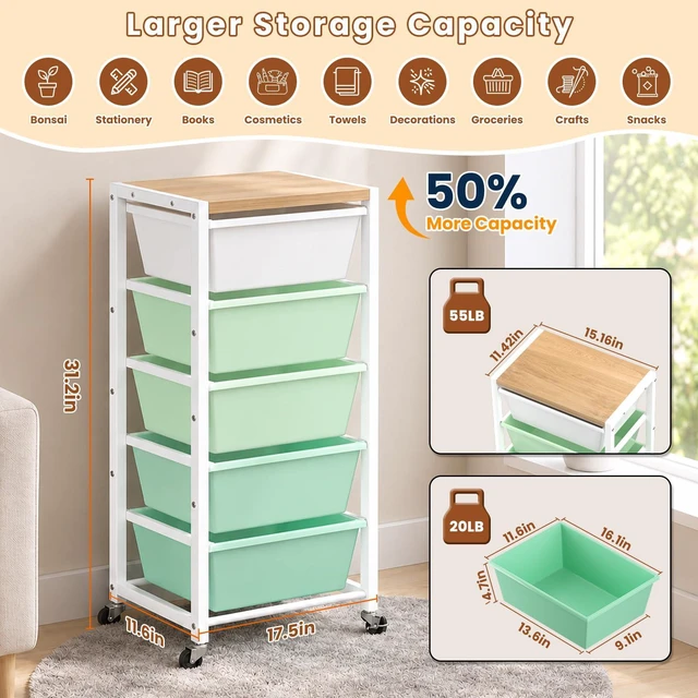 Alt view image 2 of 7 - Rolling Cart with 5 Drawers, Plastic Drawer Storage Carts with Wheels & Wooden Tabletop, Metal Utility Cart for Office Bedroom Living Room Classroom, Craft Organization and Storage, Green