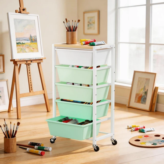 Alt view image 3 of 7 - Rolling Cart with 5 Drawers, Plastic Drawer Storage Carts with Wheels & Wooden Tabletop, Metal Utility Cart for Office Bedroom Living Room Classroom, Craft Organization and Storage, Green