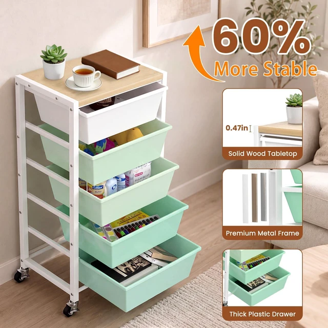 Alt view image 5 of 7 - Rolling Cart with 5 Drawers, Plastic Drawer Storage Carts with Wheels & Wooden Tabletop, Metal Utility Cart for Office Bedroom Living Room Classroom, Craft Organization and Storage, Green