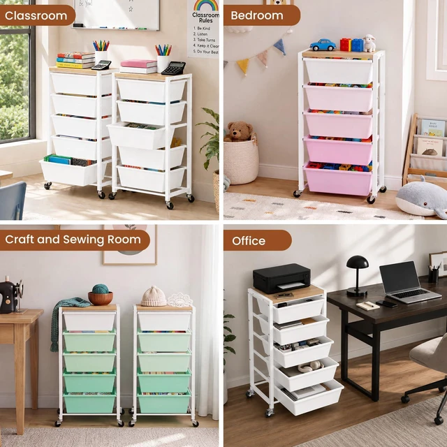 Alt view image 6 of 7 - Rolling Cart with 5 Drawers, Plastic Drawer Storage Carts with Wheels & Wooden Tabletop, Metal Utility Cart for Office Bedroom Living Room Classroom, Craft Organization and Storage, Green